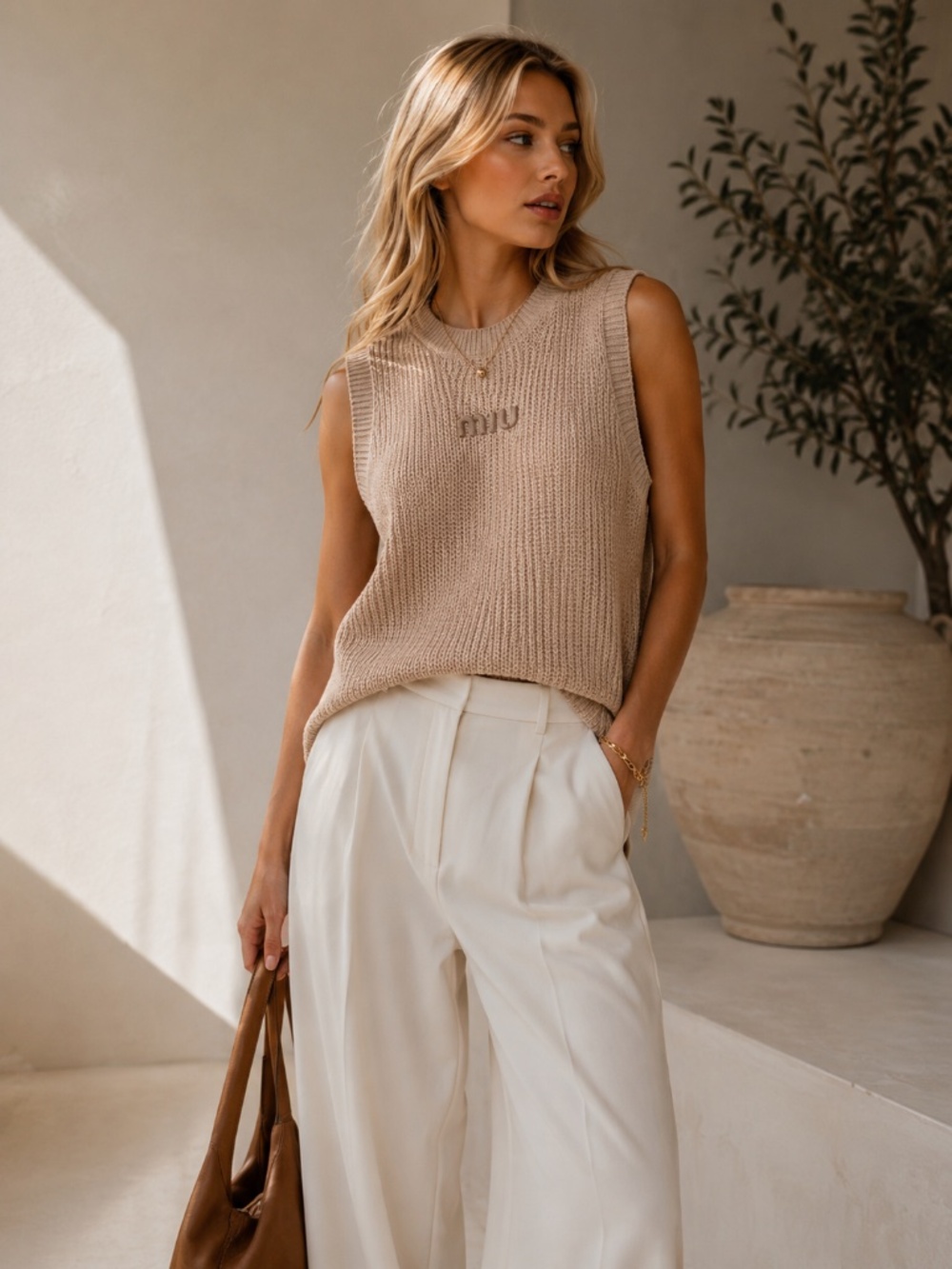 Miu Miu Light Brown Women’s Knitted Sleeveless Sweater